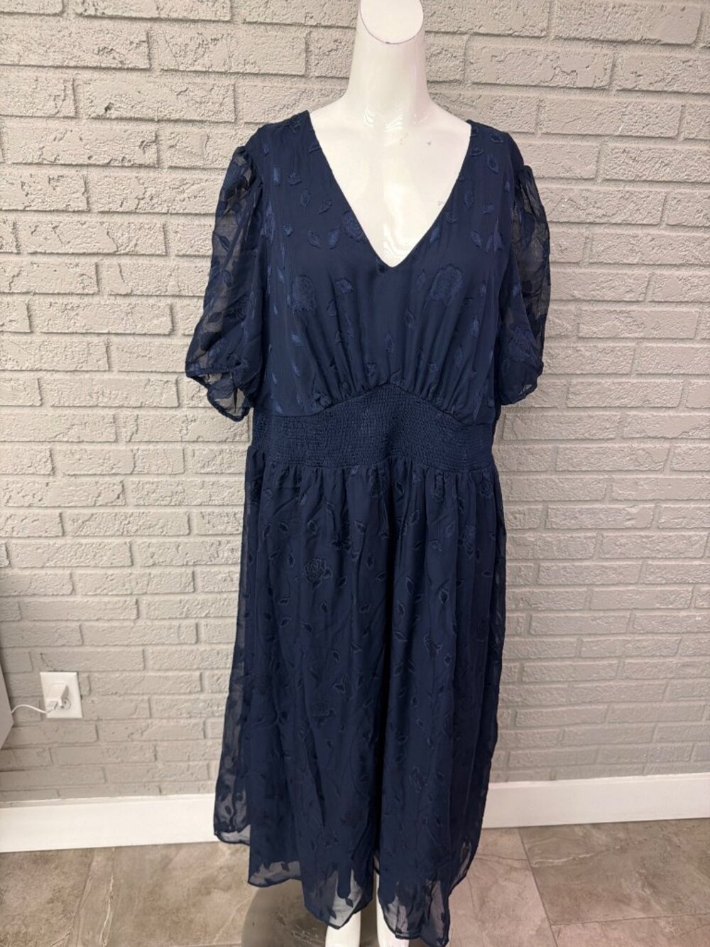 Pinup Fashion V-Neck Puff Sleeve Floral Jacquard Dress Size 22W - Picture 3 of 15